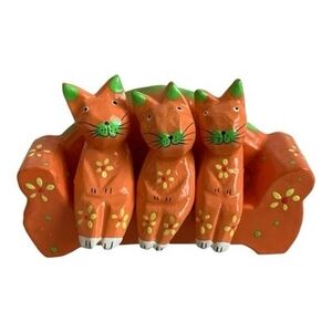 Hand Carved Hand Painted 3 Colourful Cute Wooden Cats on Sofa Statue